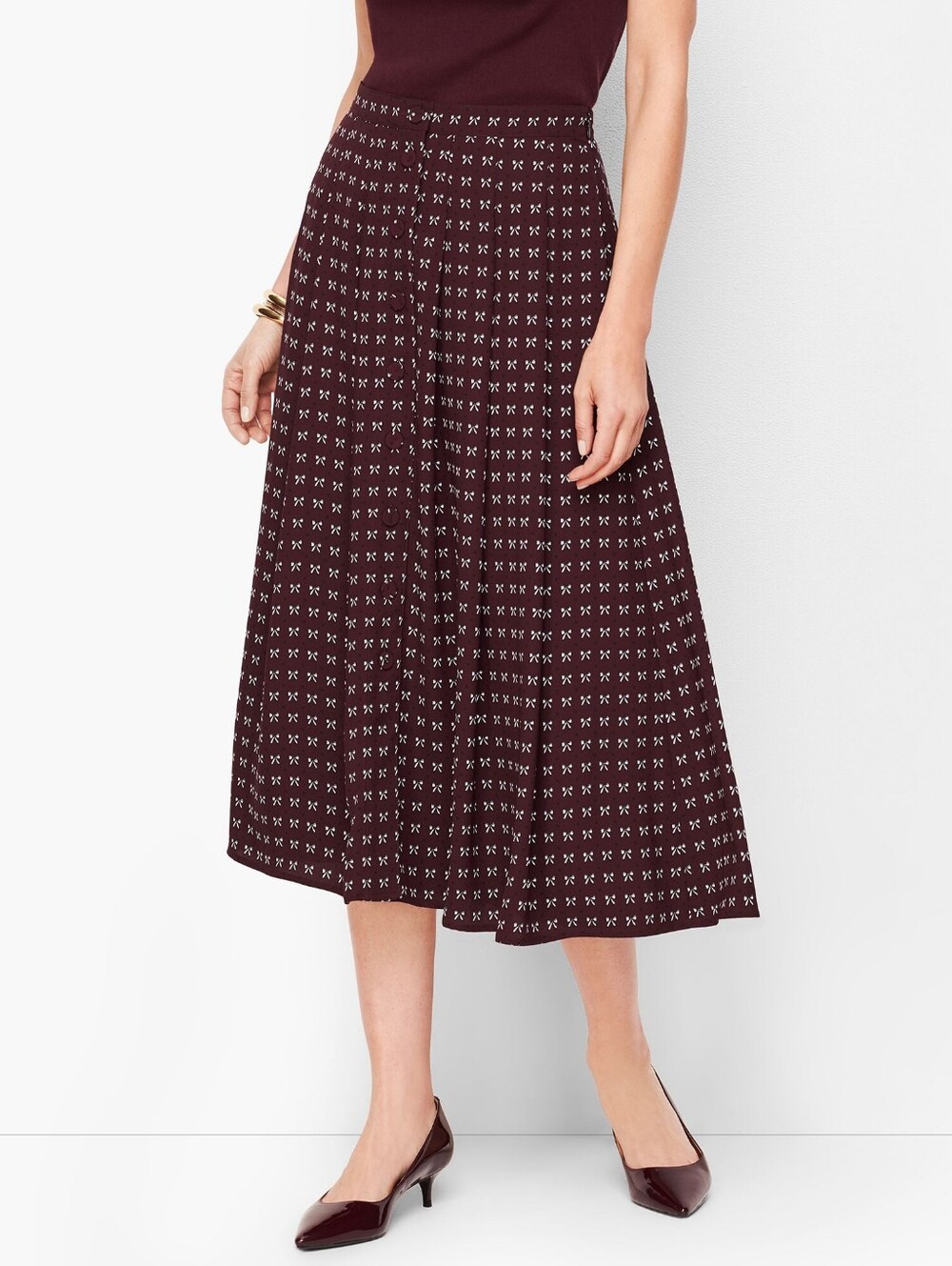 Talbots Dotty Bows Midi Skirt Burgundy Wine Tea Length Size 6